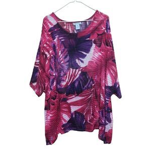 Catherines Womens Sz 3X Floral Top Purple Pink Knit Tunic‎ Artsy Boho Stretch